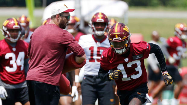 Washington Commanders cornerback Emmanuel Forbes Jr. (13) participates in drills during Commanders rookie minicamp at Commanders Park.